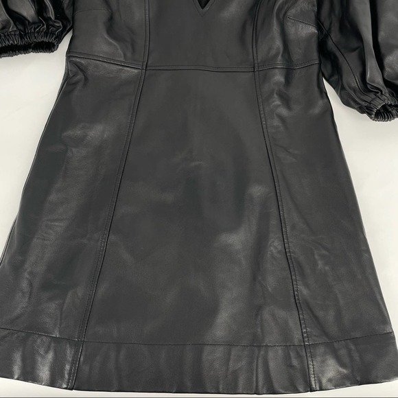 Ganni Puff Sleeve V Neck 100% Lamb Leather Dress - Picture 11 of 13
